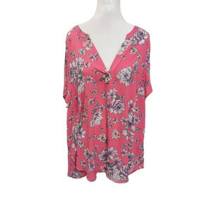 Torrid Pink floral Georgette hi low short sleeve blouse deep V-neck barbie 3X